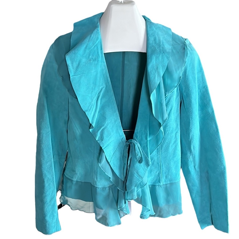 Dialogue Turquoise Ruffle Leather Jacket - Picture 10 of 12